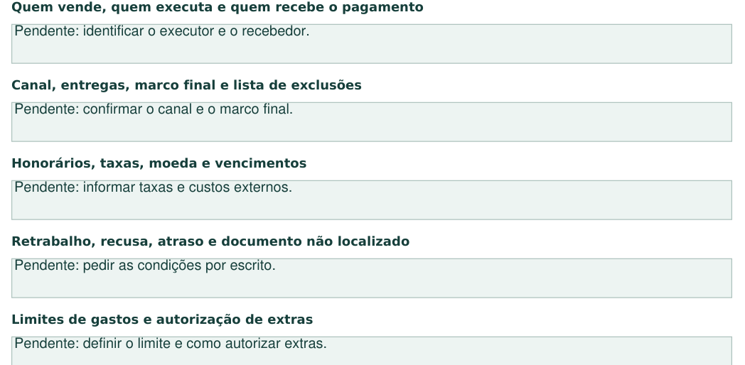 Checklist preenchida com pendências sobre executor, canal, honorários e retrabalho